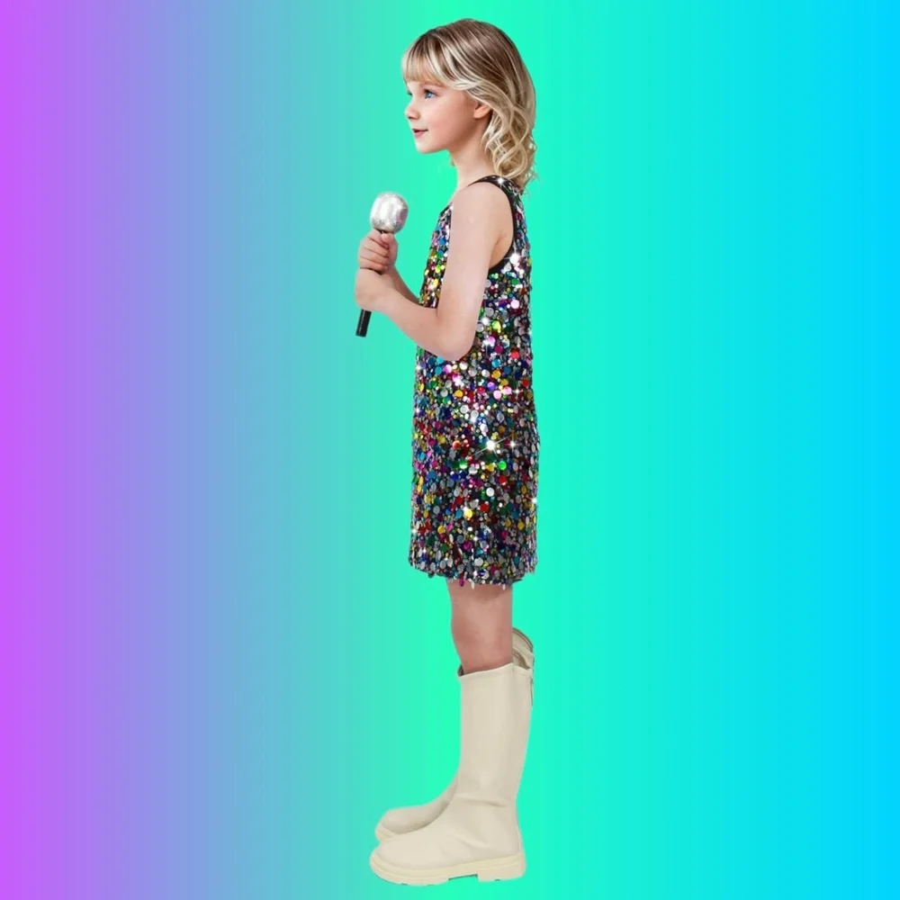 NWT Girls Multicolor Sequin Sleeveless Party‎ Dress with Microphone Prop - Small